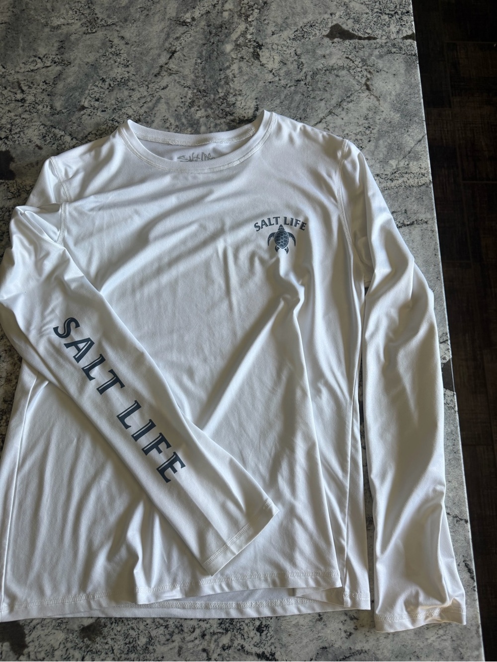 Salt Life White Long Sleeve Tee with Navy Logo and Sleeve Print